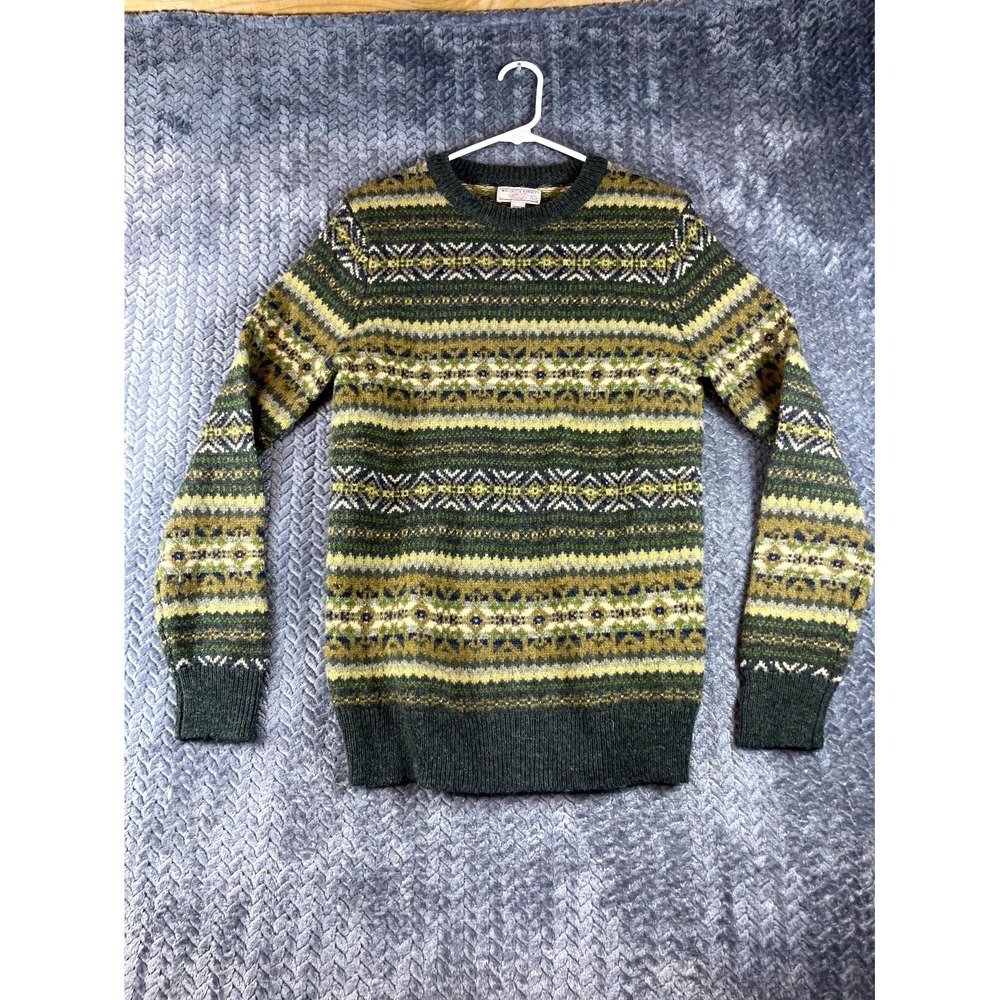 Wallace & Barnes Sweater Mens XS Green Wool Fair Isle Tight Knit Ribbed Warm